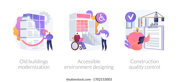 Buildings reconstruction metaphors. Old exterior modernization, accessible environment designing, construction quality control. Architect planning. Vector isolated concept metaphor illustrations.