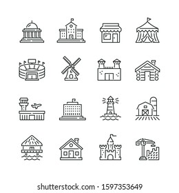 Buildings related icons: thin vector icon set, black and white kit