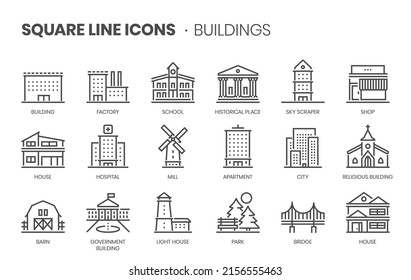 Buildings related, pixel perfect, editable stroke, up scalable square line vector icon set. 