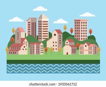 buildings and river cityscape scene