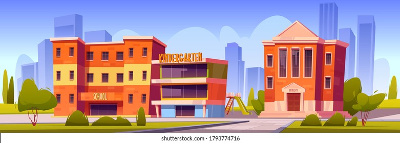 Buildings of school, kindergarten and university on town street. Vector cartoon landscape with education houses, of college, primary or elementary school, daycare with playground in backyard