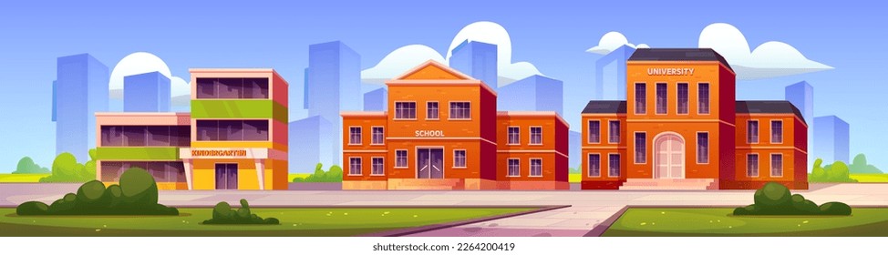 Buildings of school, kindergarten and university and yard with green grass. Summer landscape with education houses, college, primary school and daycare center, vector cartoon illustration