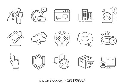 Buildings, Security and Rainy weather line icons set. World communication, Safe time and Touchscreen gesture signs. Smile chat, Project deadline and Report statistics symbols. Line icons set. Vector