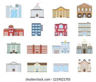 Buildings set. Buildings set. Cottages, store, museum, hospital, library, bank, cinema, religion, police, fire, school, university building isolated Urban public, retail and living buildings. Vector.