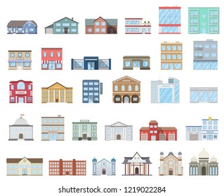 Buildings set. Buildings set. Cottages, store, museum, hospital, library, bank, cinema, religion, police, fire, school, university building isolated Urban public, retail and living buildings. Vector.