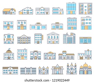Buildings set. Buildings set. Cottages, store, museum, hospital, library, bank, cinema, religion, police, fire, school, university building isolated Urban public, retail and living buildings. Vector.