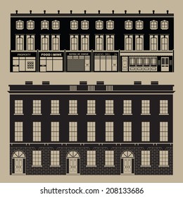 Buildings set with english terrace houses - monochrome