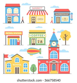 Buildings set in a flat style with people, trees and the airship tired. Flat Vector illustration for your web site, print design, infographics
