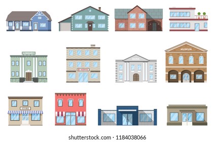 Buildings set. Residential cottages, store, mall, ship, museum, hospital, library, bank building isolated on white background. Urban public, retail business and living buildings. Vector illustration.