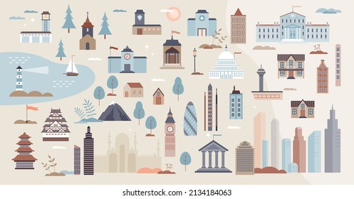 Buildings set and urban architecture houses tiny person items collection. Modern city apartment homes with various size, shape and culture exteriors vector illustration. Residential real estate types.