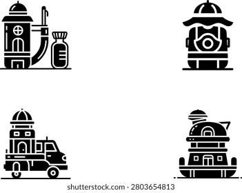 Buildings Set of Vector Icons Showing Lighthouse, Fire Hydrant, Truck, and Town Hall in Black Line Art