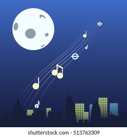 Buildings silhouette cityscape with moon and notes