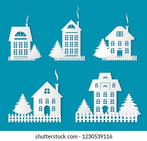 Buildings silhouettes, papercuts isolated icons set vector. Houses with old roof and chimney with smoke, wooden fence by homes. Pine tree growing