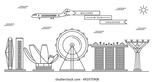 Buildings of Singapore: wheel, gardens by the bay, cityscapes, art science museum. Vector flat line illustration of city attractions with plane and banner welcome to Singapore.  