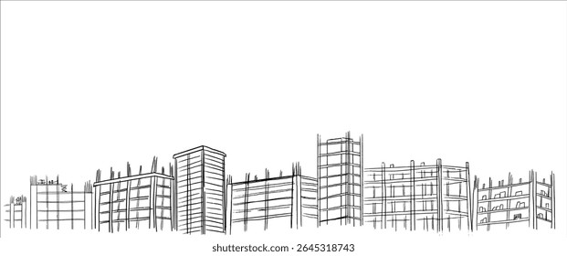 Buildings sketch illustration in hand-drawn style. Urban architecture with houses, skyscrapers, and windows in pencil line art. Black and white vector image for construction and city design themes