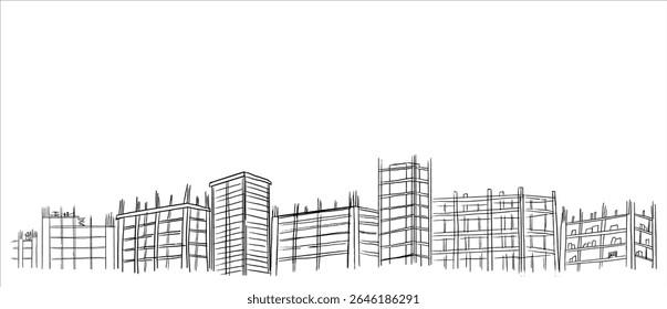 Edifícios esboço ilustração em estilo desenhado à mão. Arquitetura urbana com casas, arranha-céus e janelas na arte da linha de lápis. Imagem vetorial em preto e branco para temas de construção e design da cidade
