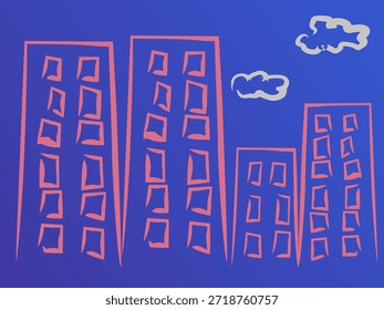 Gebäude, Himmel und Wolken. Zeichnungsstil für Linien.