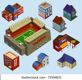 Buildings and Soccer Stadium in a city. Compose your own city