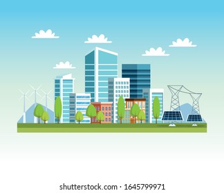 buildings and solar panels cityscape scene vector illustration design