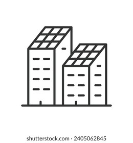 Buildings with solar panels on a roof, building, solar panel, solar energy, eco, office building, renewable energy vector illustration. Buildings with solar panels on a roof, editable stroke icon.