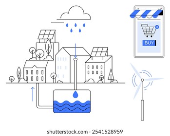 Buildings with solar panels, a rainwater collection system, a wind turbine, and a smartphone showing an online shopping cart. Ideal for renewable energy, sustainability, smart cities, eco-friendly