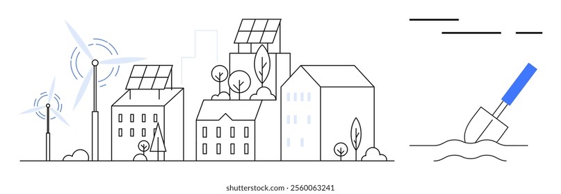 Buildings with solar panels and wind turbines on rooftops. Trees and trowel visible. Ideal for sustainability, renewable energy, urban planning, eco-friendly living, environmental conservation