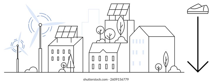 Buildings with solar panels, wind turbines, trees, and arrows suggesting growth and efficiency. Ideal for urban planning, sustainable energy, environmental science, green technology, smart cities
