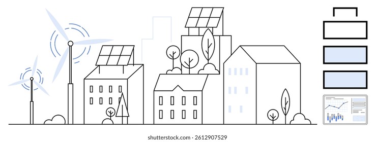 Buildings with solar panels and wind turbines powering urban setting, trees, time-of-day indicators, battery levels, and analytics. Ideal for renewable energy, smart cities, sustainability, green