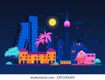 Buildings in Sri Lanka - modern colored vector illustration with sights of night asian city. Colombo Lotus Tower, fortress, modern architecture and wooden village house. Attractions and tourism idea