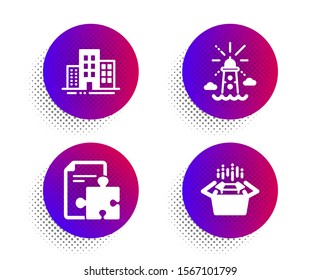 Buildings, Strategy and Lighthouse icons simple set. Halftone dots button. Packing boxes sign. Town apartments, Puzzle, Navigation beacon. Delivery box. Industrial set. Vector