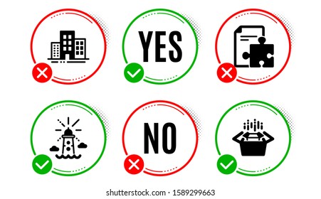 Buildings, Strategy and Lighthouse icons simple set. Yes no check box. Packing boxes sign. Town apartments, Puzzle, Navigation beacon. Delivery box. Industrial set. Buildings icon. Check mark. Vector