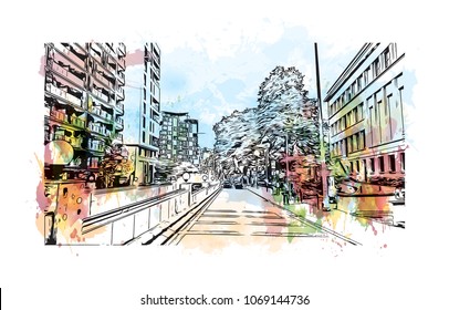 Buildings with street view of Brussels, Capital of Belgium. Watercolor splash with hand drawn sketch illustration in vector.