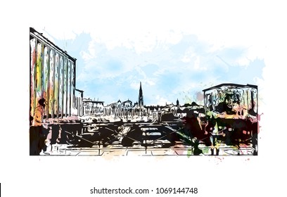 Buildings with street view of Brussels, Capital of Belgium. Watercolor splash with hand drawn sketch illustration in vector.