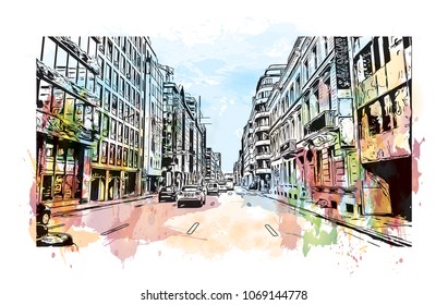 Buildings with street view of Brussels, Capital of Belgium. Watercolor splash with hand drawn sketch illustration in vector.