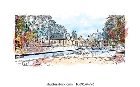 Buildings with street view of Brussels, Capital of Belgium. Watercolor splash with hand drawn sketch illustration in vector.