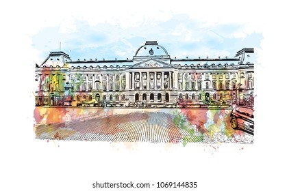 Buildings with street view of Brussels, Capital of Belgium. Watercolor splash with hand drawn sketch illustration in vector.