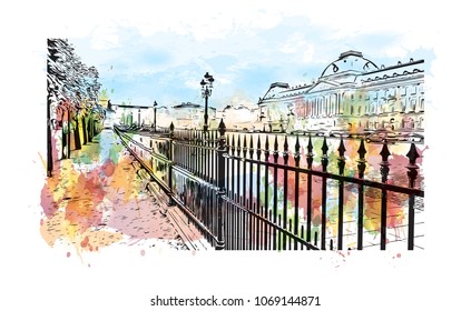 Buildings with street view of Brussels, Capital of Belgium. Watercolor splash with hand drawn sketch illustration in vector.