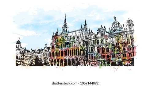 Buildings with street view of Brussels, Capital of Belgium. Watercolor splash with hand drawn sketch illustration in vector.