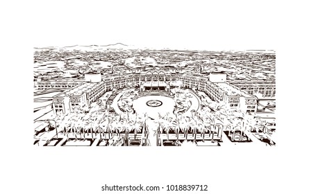 Buildings and street view of Phoenix City, Arizona, USA. Hand drawn sketch illustration in vector.