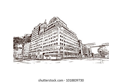 Buildings and street view of Phoenix City, Arizona, USA. Hand drawn sketch illustration in vector.