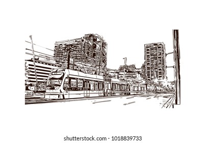 Buildings and street view of Phoenix City, Arizona, USA. Hand drawn sketch illustration in vector.