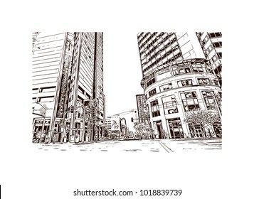 Buildings and street view of Phoenix City, Arizona, USA. Hand drawn sketch illustration in vector.