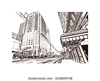Buildings and street view of Phoenix City, Arizona, USA. Hand drawn sketch illustration in vector.