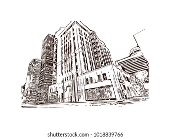 Buildings and street view of Phoenix City, Arizona, USA. Hand drawn sketch illustration in vector.