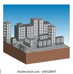 Buildings and streets in city. All on white background.