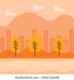 buildings structure with trees and mountains with clouds