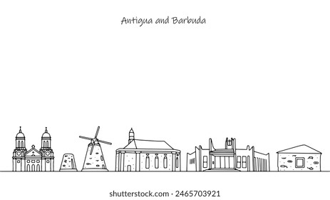 Buildings, structures and architecture of Antigua and Barbuda. Cityscape and culture of the island state. Simple black and white hand drawn illustration. Vector.