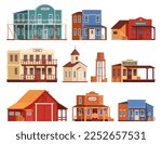 Buildings in the style of the wild west. Old wooden houses of different types in the wild west. Living and daily life of cowboys in the countryside. Vector illustration