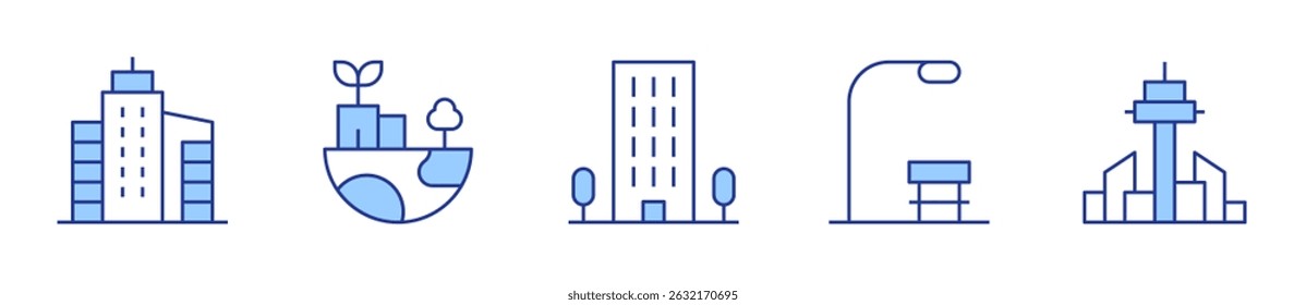 buildings, sustainable, city, flat, lamppost. City Icon vector illustration. Line Duotone style. Editable stroke.