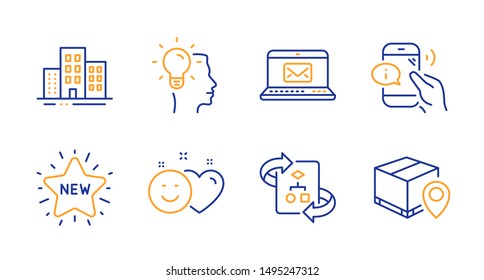 Buildings, Technical algorithm and Smile line icons set. Idea, E-mail and New star signs. Call center, Parcel tracking symbols. Town apartments, Project doc. Business set. Line buildings icon. Vector